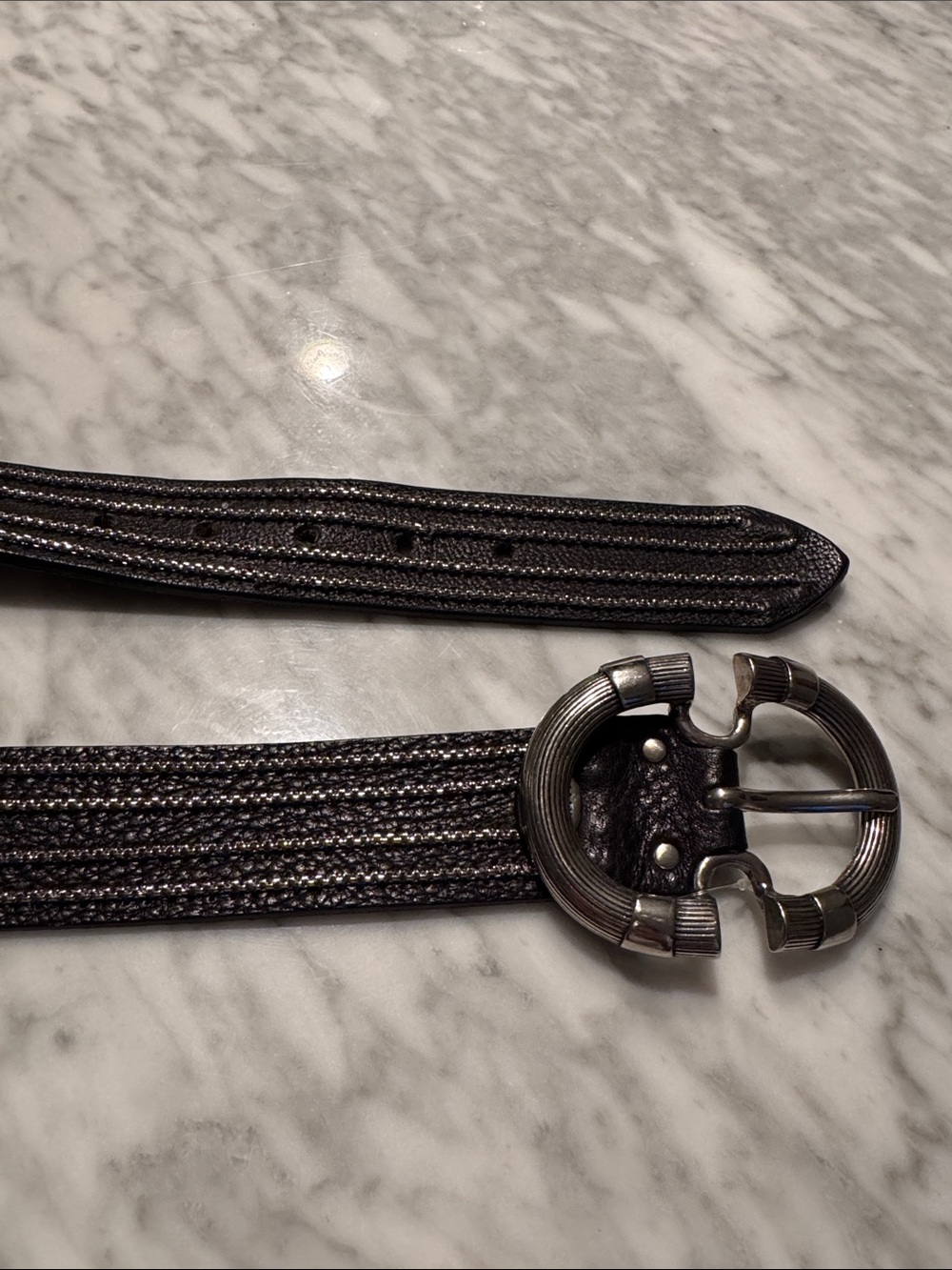 Nanni made in Italy Silver Chain Stripe Black Leather Belt, Gunmetal Buckle